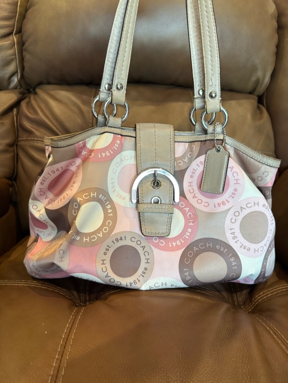 Coach Pink, Beige and Taupe Signature Ring Tote y2k vintage